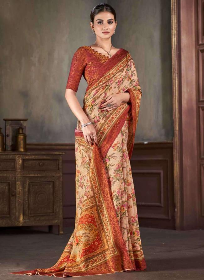 Natural Silk Red Casual Wear Printed Saree